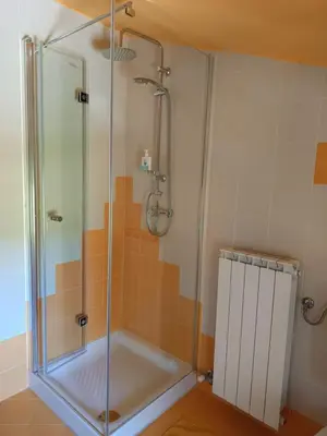 a shower with a glass door in a bathroom at Green view apartment in Sežana