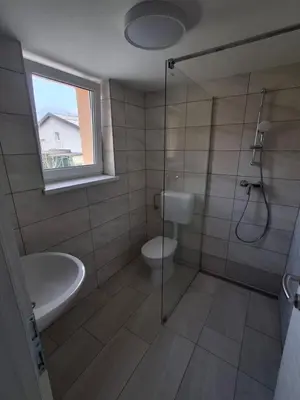 a bathroom with a shower and a toilet and a sink at Hiša Terra in Volzana