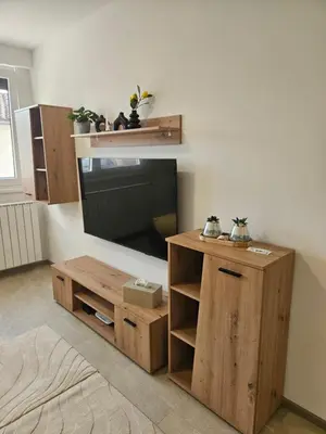 a living room with a television and a wooden entertainment center at Apartma VINT in Ajdovščina