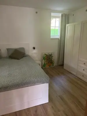 a bedroom with a bed and a wooden floor at Natura in Radovljica