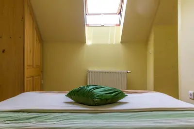 a green pillow sitting on top of a bed at Turistična Kmetija Toman in Gornji Grad