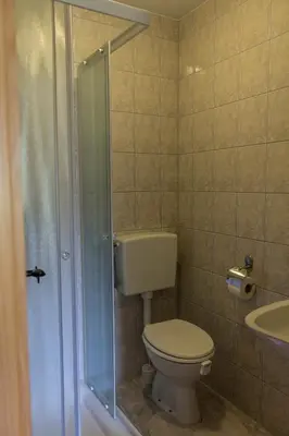 a bathroom with a toilet and a glass shower at Turistična Kmetija Toman in Gornji Grad