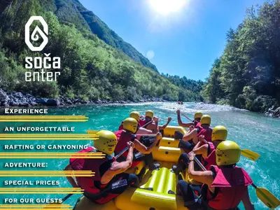 a group of people on a raft on a river at Apartment with balcony Hiša Brdo 48 in Bovec