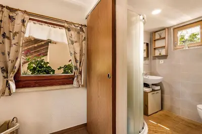 a bathroom with a sink and a window with a plant at Herbal Apartment Marjetka in Šentjur