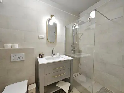 a bathroom with a sink and a shower at Urban Nest Wolfova by the Triple Bridge in Ljubljana