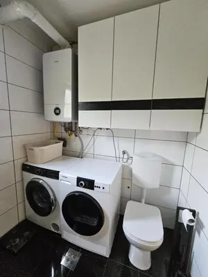 a bathroom with a washing machine and a toilet at Designer apartment in nature in Vojnik