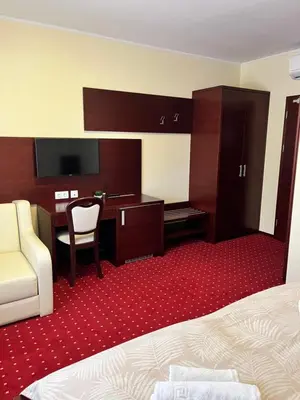 a hotel room with a bed and a desk and a chair at Prenočišča Zvezda in Ljutomer