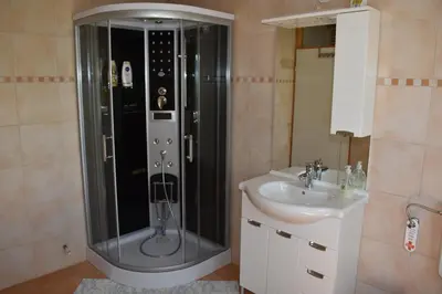 a bathroom with a shower and a sink at Apartment Murka in Begunje na Gorenjskem