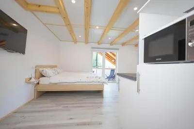 a bedroom with a bed and a flat screen tv at Apartma Pr' Bavnč in Lesce