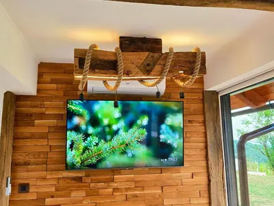 a flat screen tv hanging on a wall at Vineyard cottage Pri mali luži in Trebelno