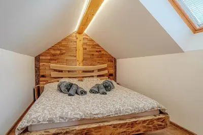 a bedroom with a bed in a attic at Vineyard cottage Pri mali luži in Trebelno