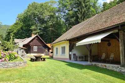 a house with a yard with a table and chairs at Apartment Vintgar in Slovenska Bistrica