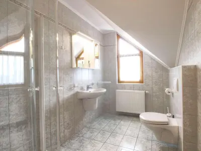 a bathroom with a toilet and a sink and a shower at Apartments Mira in Bled