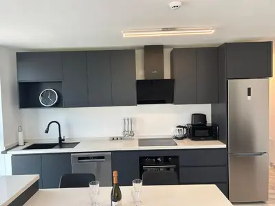 a kitchen with black cabinets and a refrigerator at Apartments Lux in Spodnja Hajdina