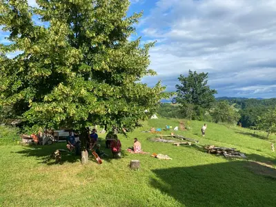 a group of people sitting in the grass under a tree at Nature-based Retreat by Naj Raste in Senovo