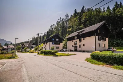 a house with a black roof on a street at Apartment Marni w/ Parking | Kranjska Gora in Kranjska Gora