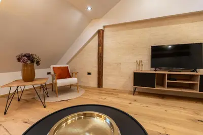 a living room with a flat screen tv on a wall at Gris Apartment in Gornja Radgona