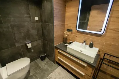 a bathroom with a white toilet and a sink at Gris Apartment in Gornja Radgona