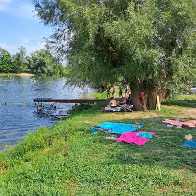 a group of people laying on the grass near a lake at Apartma Kolpa Krasinec in Gradac