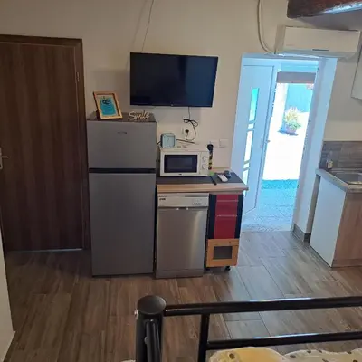 a kitchen with a refrigerator and a microwave at Apartma Kolpa Krasinec in Gradac