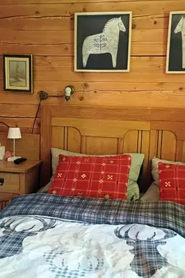 a bedroom with a bed with red pillows and a horse on the wall at Loghouse cabin in the Kočevje forest in Kočevje