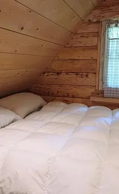 a large white bed in a room with a window at Loghouse cabin in the Kočevje forest in Kočevje