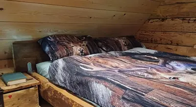 a bed in a log cabin with a table at Loghouse cabin in the Kočevje forest in Kočevje