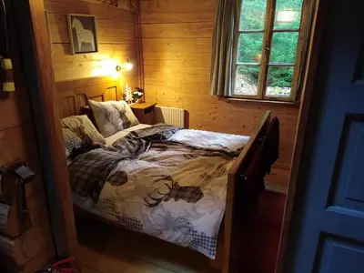 a bedroom with a bed in a wooden room at Loghouse cabin in the Kočevje forest in Kočevje