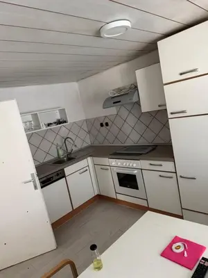 a small kitchen with white appliances and a table at Lipovska Oaza