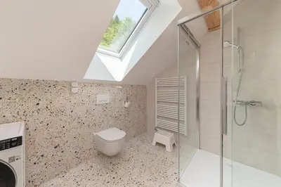 a bathroom with a toilet and a shower and a window at Brlog 2 in Zgornje Gorje