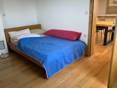 a bed with a blue blanket and a red pillow at Apartment9B in Krško