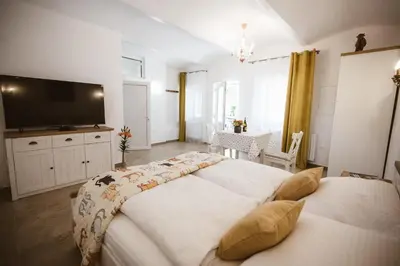 a bedroom with two beds and a flat screen tv at Chonky Cat in Moravske Toplice