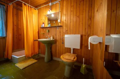 a wooden bathroom with a toilet and a sink at Koča na Lazu in Ajdovščina
