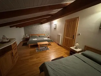 a bedroom with two beds and a wooden floor at Omnia rooms in Sežana