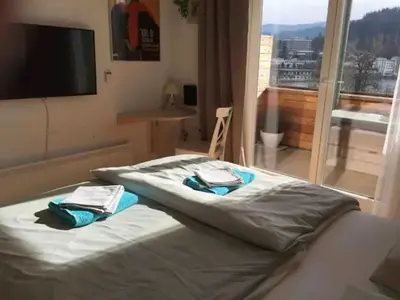 a bed in a room with a large window at Lake and Castle view apartment in Bled