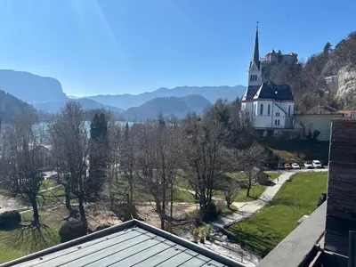 a castle on top of a hill with trees at Lake and Castle view apartment in Bled