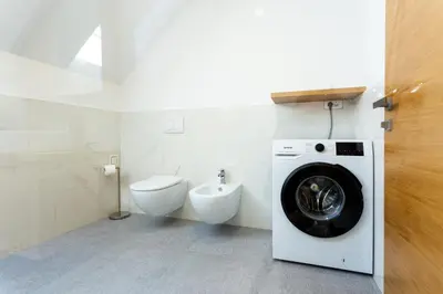 a bathroom with a washing machine and a toilet at Sunny Green Escape - Apartment with Terrace in Lesce