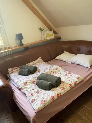 a brown leather couch with two pillows on it at Apartma Arja in Spodnje Gorje