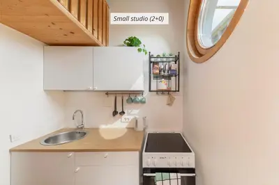 a small kitchen with a sink and a stove at IQ wood apartment in Ljubljana