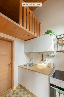 a small kitchen with white cabinets and a sink at IQ wood apartment in Ljubljana