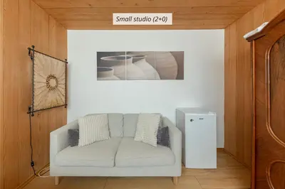 a living room with a white couch in a room at IQ wood apartment in Ljubljana