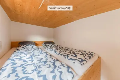 a large bed in a room with a wooden ceiling at IQ wood apartment in Ljubljana