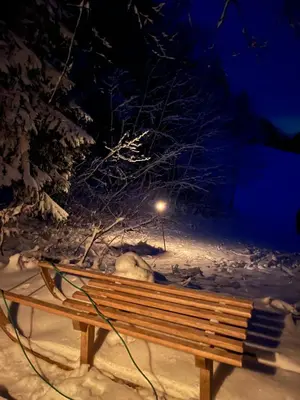 a wooden bench in the snow at night at The Little Fern Apartment in Rovte