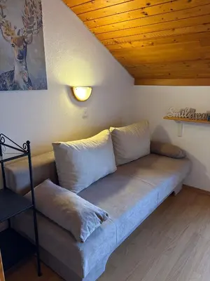 a couch in a room with a wooden ceiling at Alpine Sun apartment in Kranjska Gora