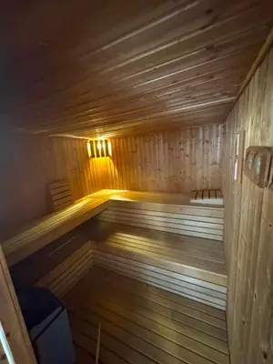 a wooden sauna with a light on top of it at Božič Residence in Vipava