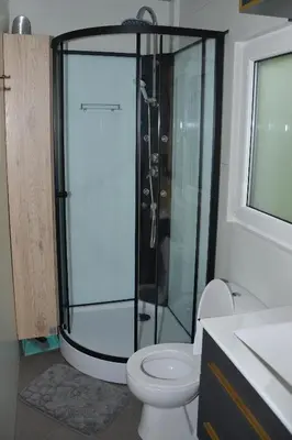 a bathroom with a toilet and a glass shower at Emina Hiška in Braslovče