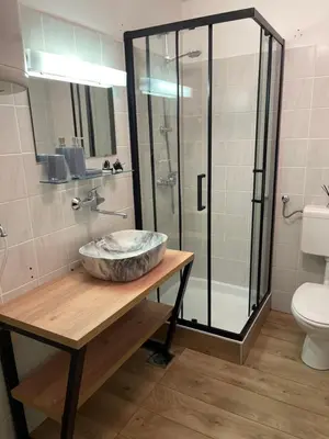 a bathroom with a sink and a shower at Terme Čatež apartma Solist