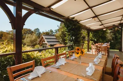 a wooden table with sunflowers and napkins on a patio at Glamping Bizjak in Preddvor