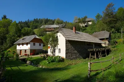 an old house and a barn on a hill at Turistična kmetija Povh in Prevalje
