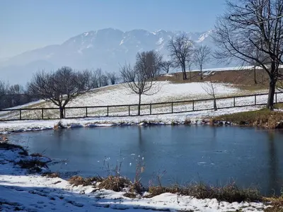 a pond in the snow with a fence around it at Turistična kmetija Povh in Prevalje